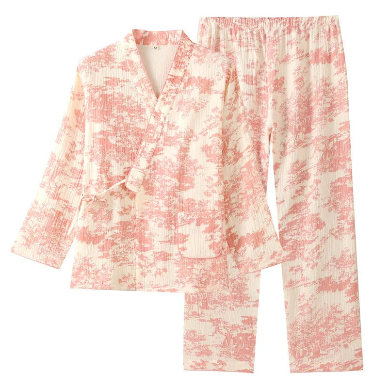 Women's cotton gauze homewear set with long sleeve top and lace-up trousers in frosted pine tree colours