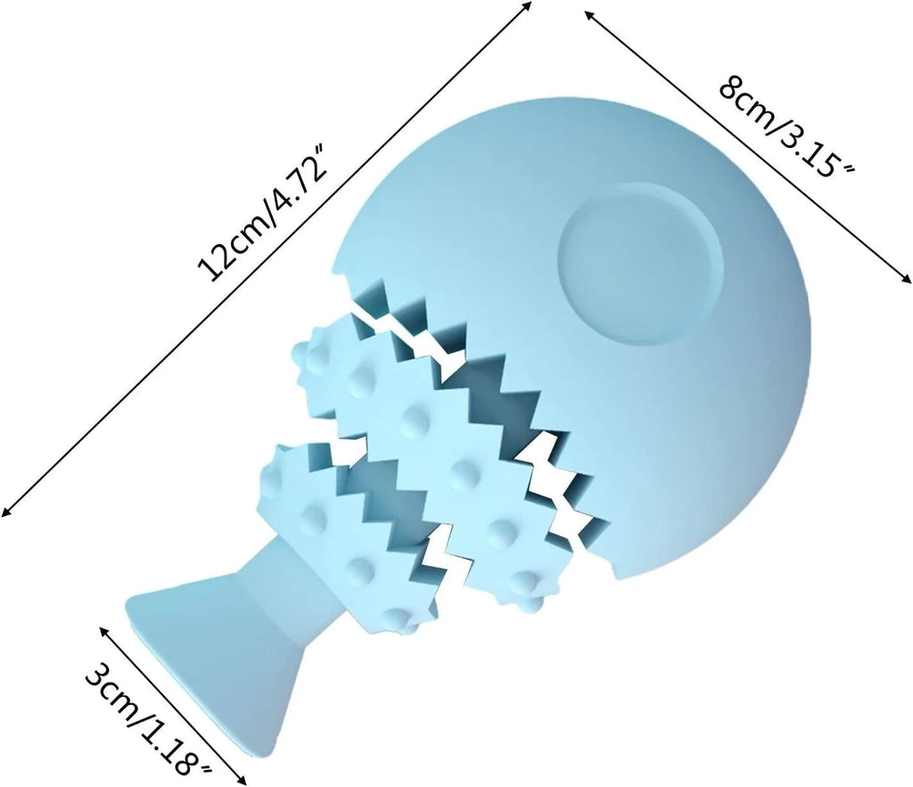 Blue green and pink fish bone shaped silicone dog chew toy with a visible hole in the base