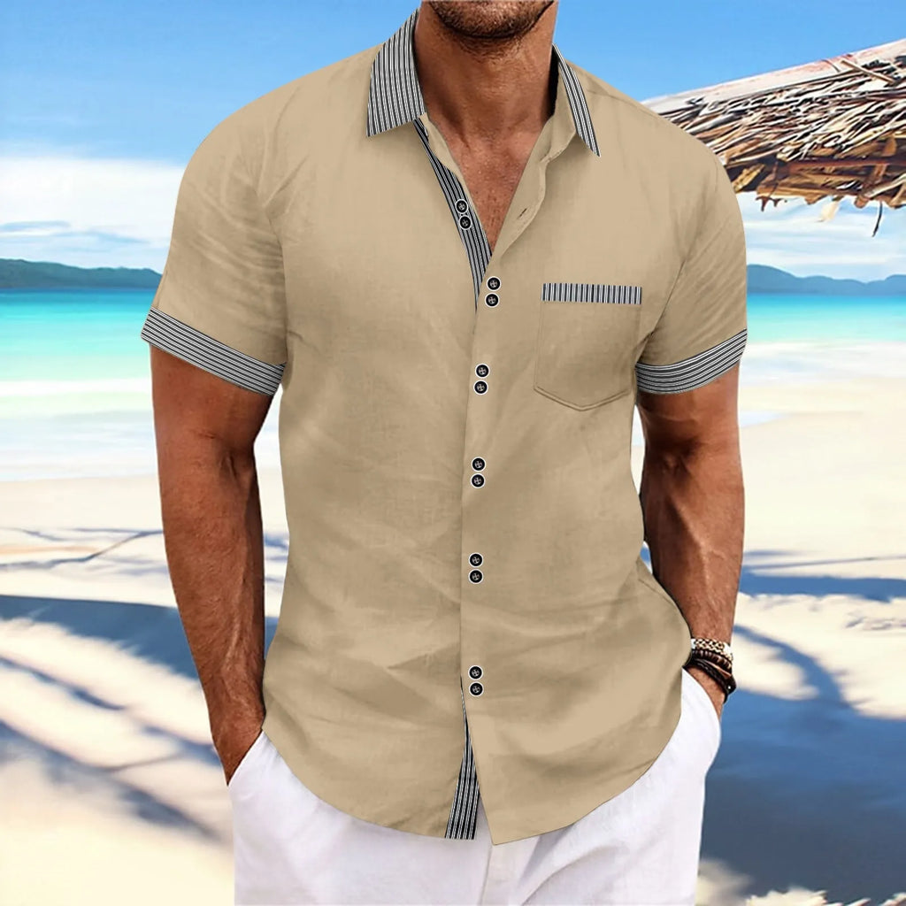 Men's pure cotton slim fit striped short sleeve casual shirt with double button design