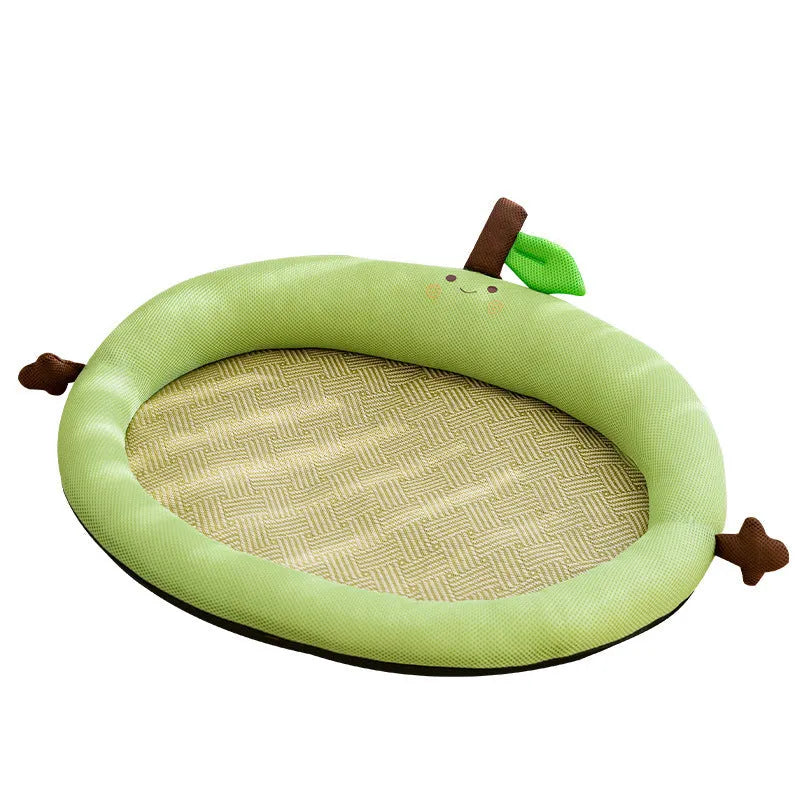 Green fruit-shaped pet bed with raised edges and cushion mat for cats and dogs