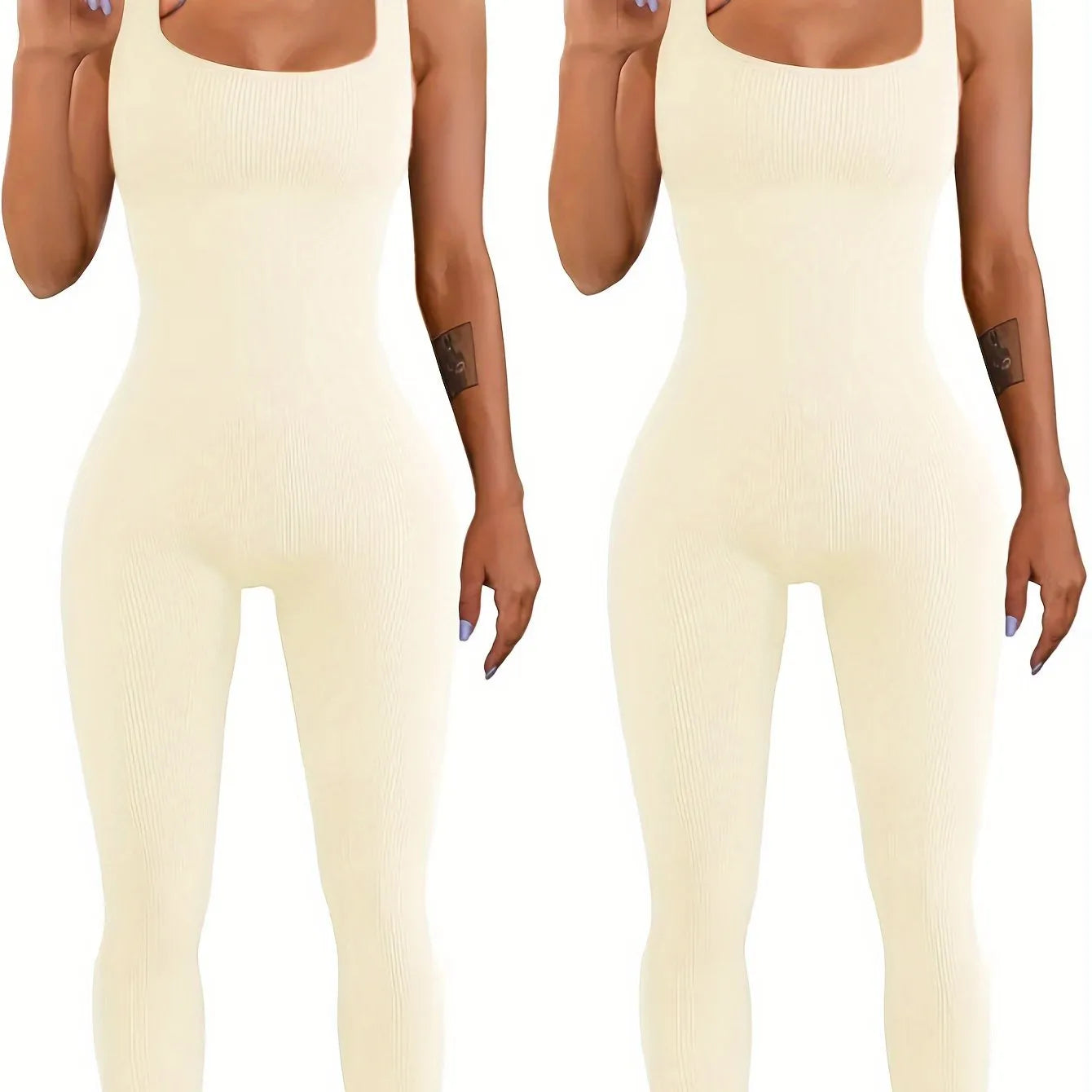 Women's beige suspender tank top tights with button detailing and long sleeves made from spandex fabric.