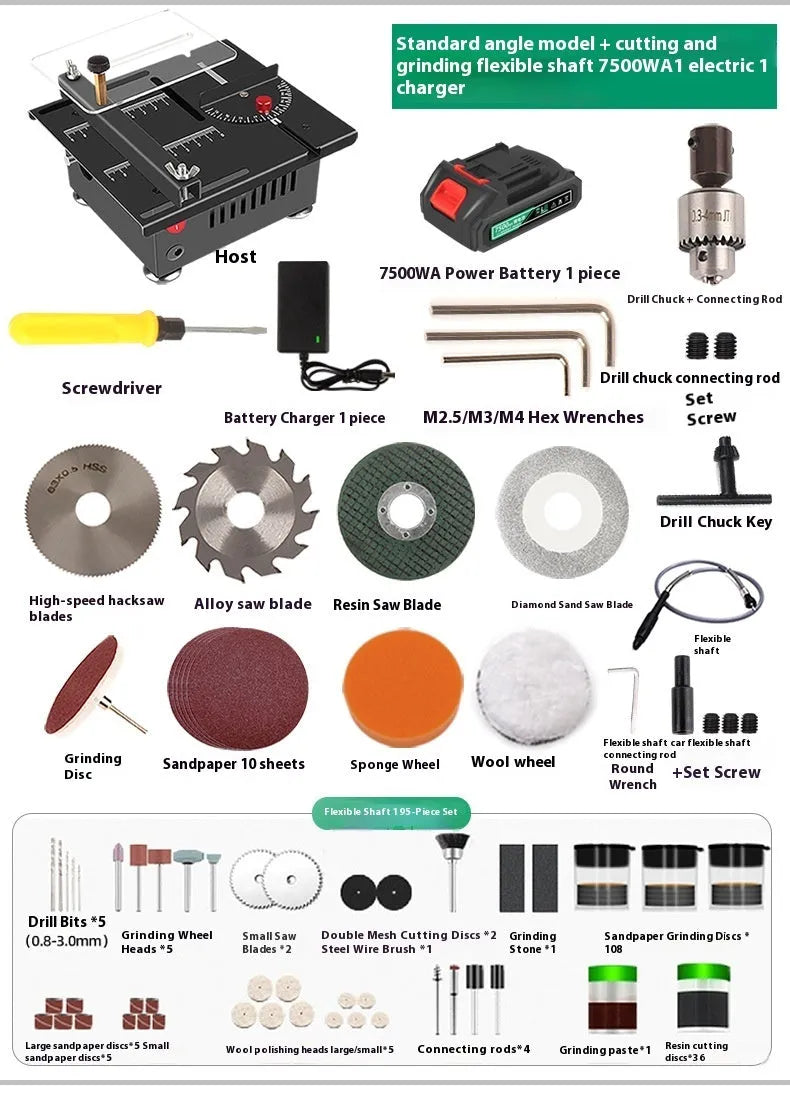 Lithium ion battery-powered metal desktop saw and angle grinder tool kit on a workbench.