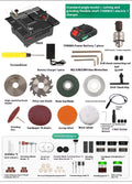 Lithium ion battery-powered metal desktop saw and angle grinder tool kit on a workbench.