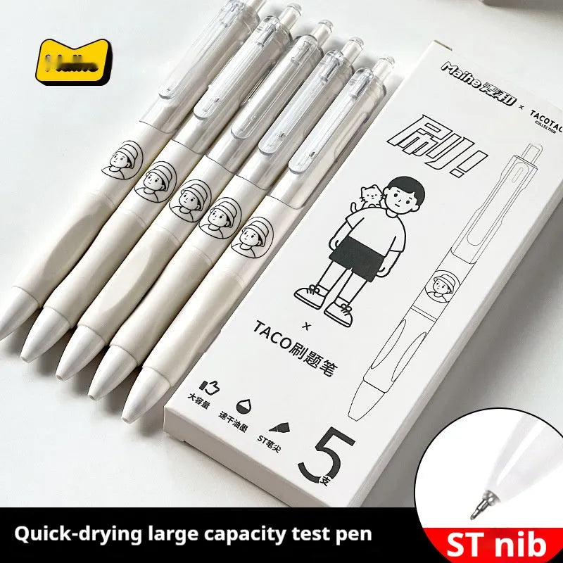 Five black ballpoint pens with 0.5mm tips for quick-drying writing
