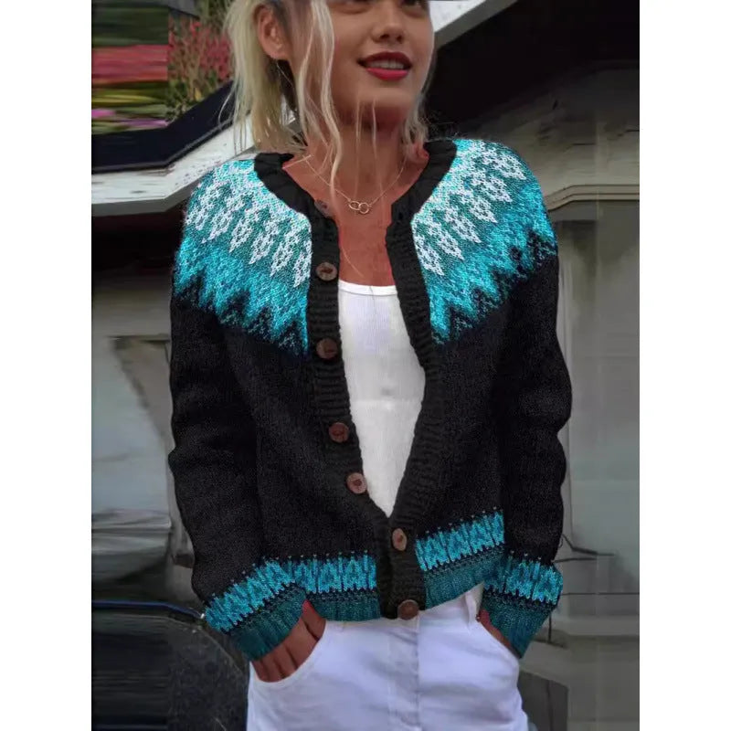 Yellow women's cardigan knitted coat with 3D stereo pattern digital printing, showing front view with regular sleeves