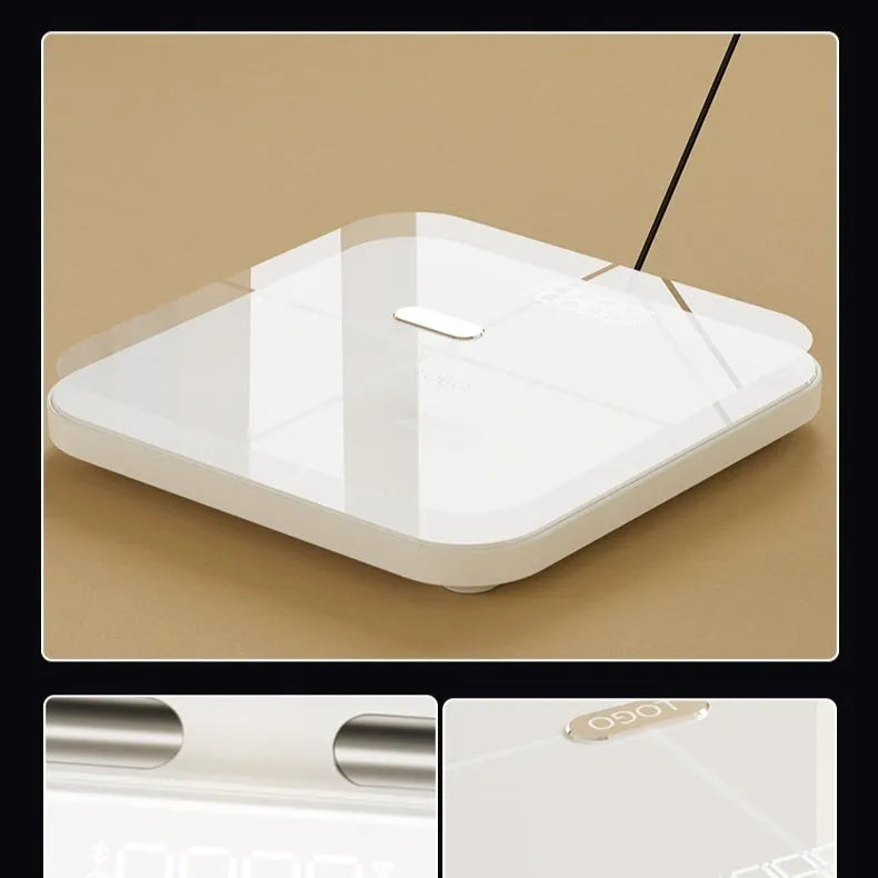 White professional body fat scale with eight electrodes and tempered glass platform