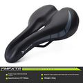 Black PU leather bicycle seat cushion with a hollow centre design on a bike saddle.