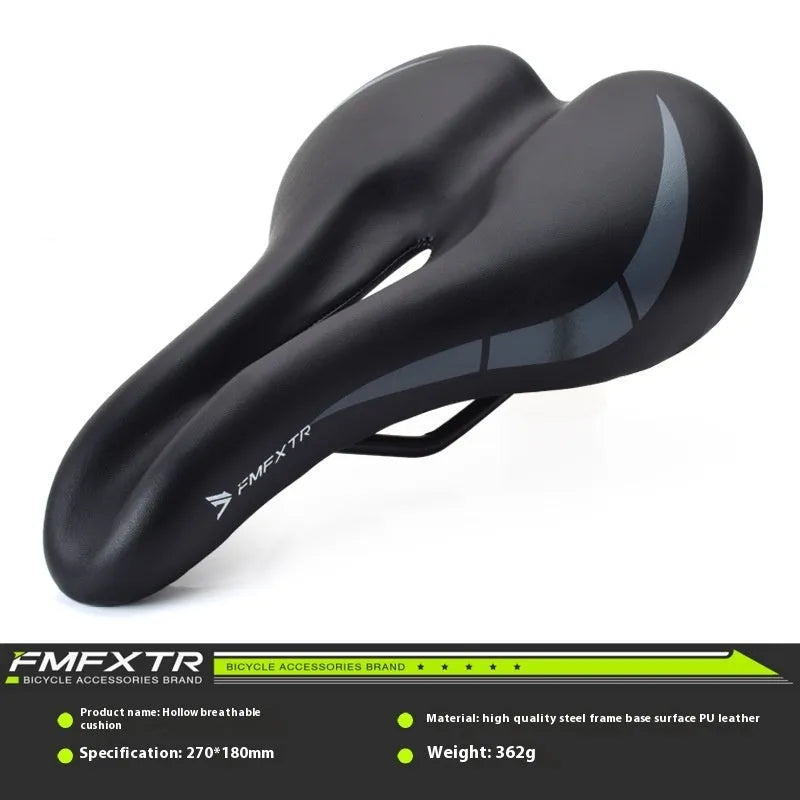 Black PU leather bicycle seat cushion with a hollow centre design on a bike saddle.