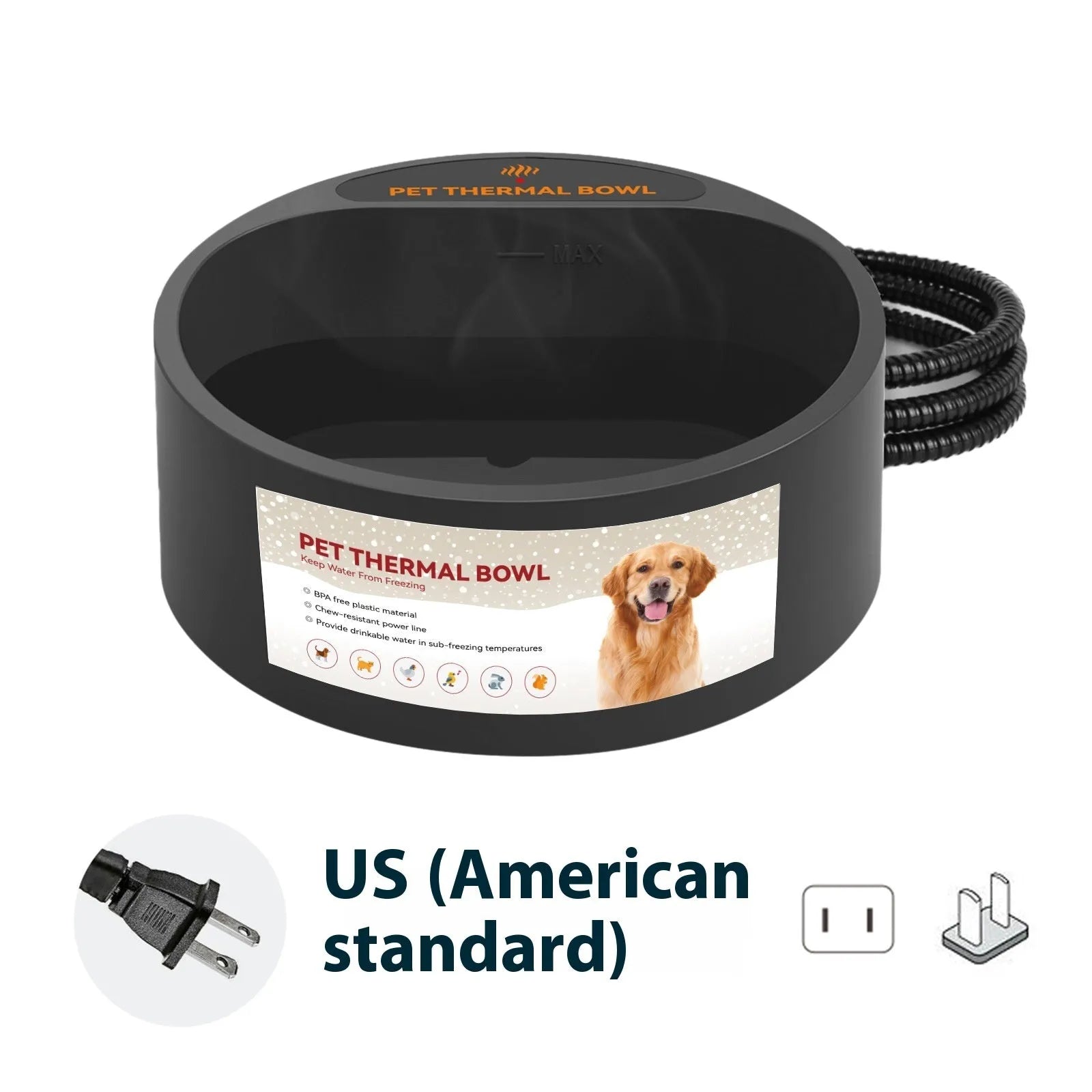 Black pet heating bowl with 2.2L capacity and 35W warming element for cats and dogs