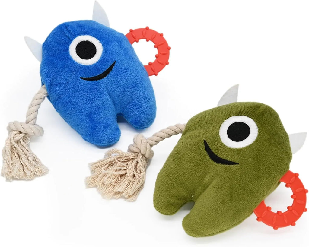 Blue and green plush dog toys with integrated cotton rope and squeaker for chewing and tugging play