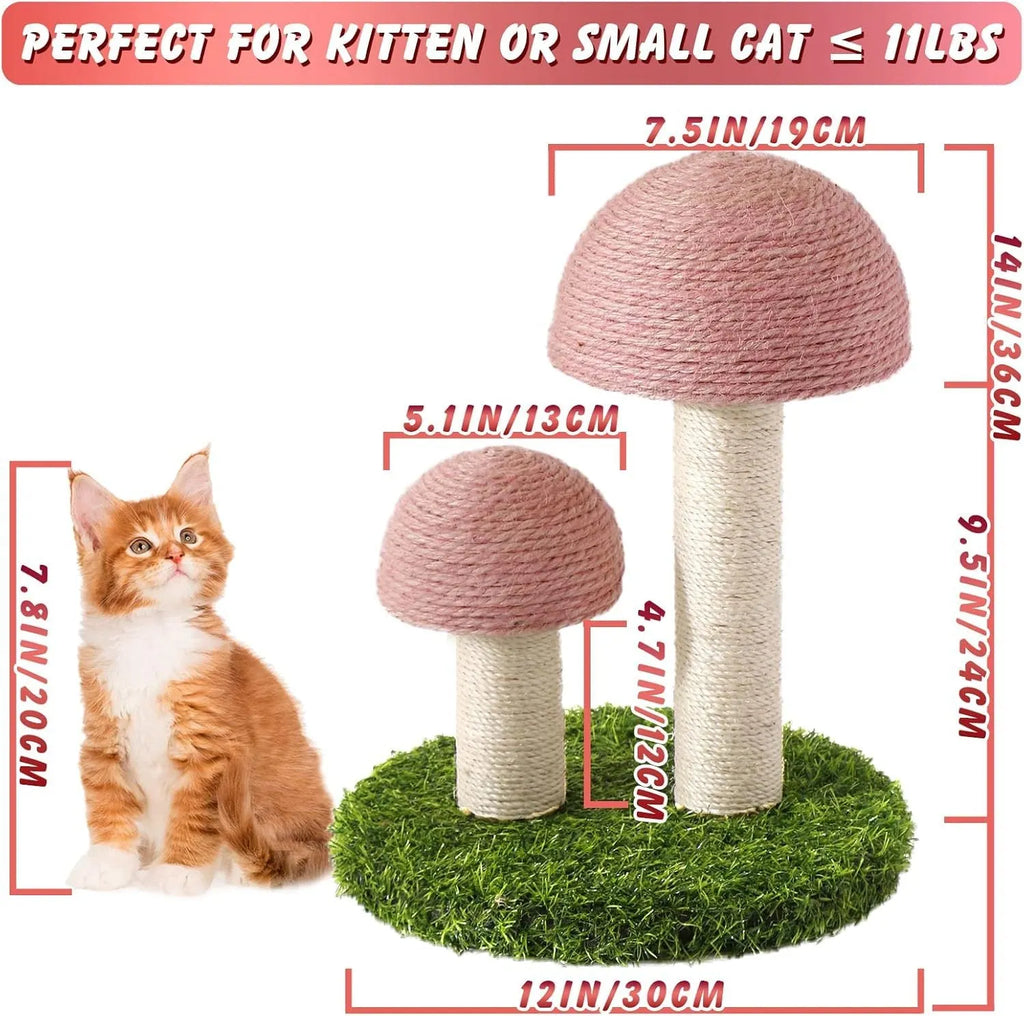 Pink mushroom-shaped cat scratching post with natural sisal scratching surfaces for small cats