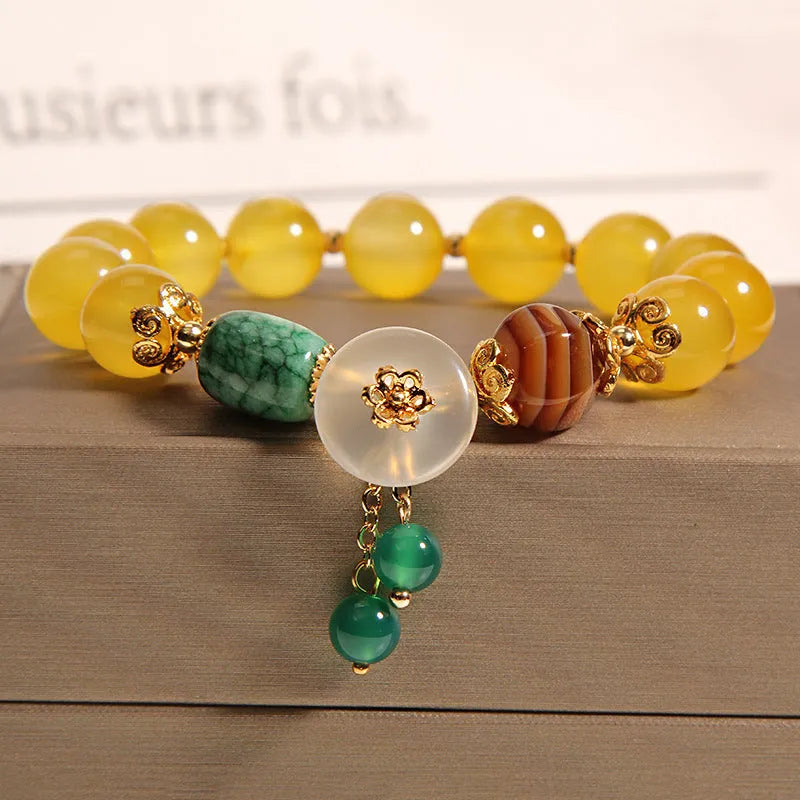 Yellow khaki agate crystal bracelet with gold silk thread for women