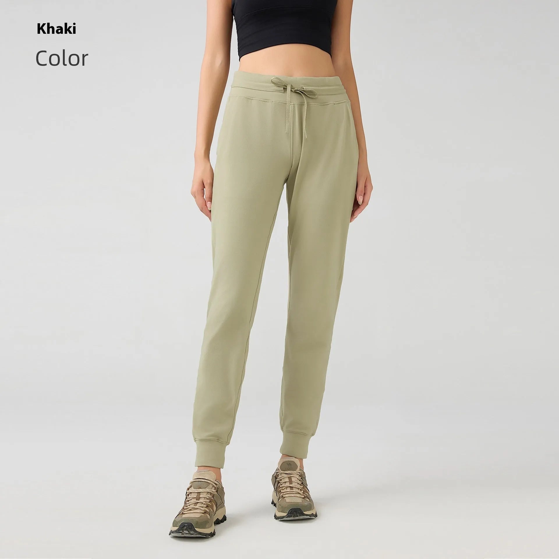 Women's high waist yoga pants in distilled coffee colour with drawstring waistband for fitness activities