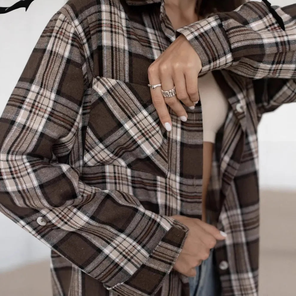Dark brown retro striped women's shirt with long sleeves and V-neck collar