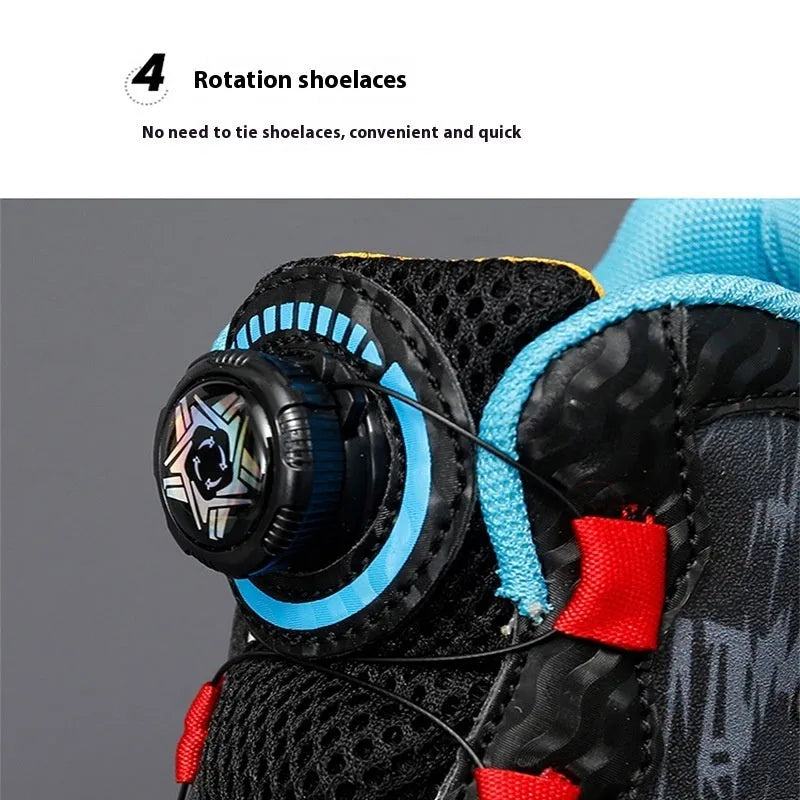 Children's basketball running shoes with rotating button closure in synthetic leather