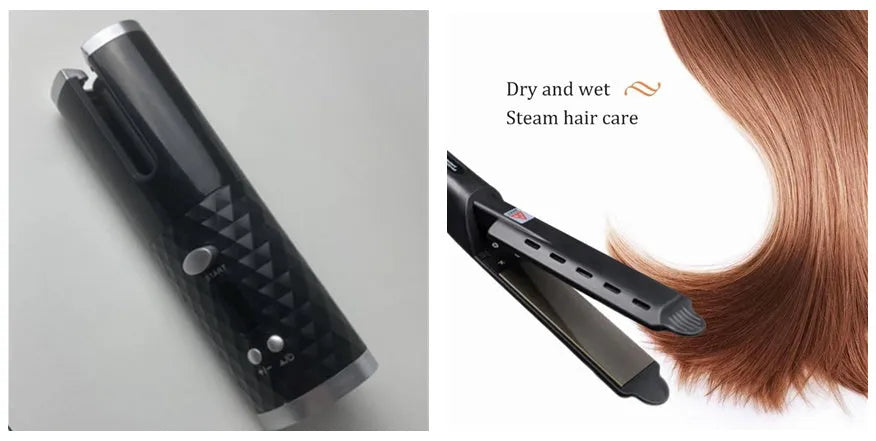 White portable mini curling iron with USB charging port and adjustable temperature dial.
