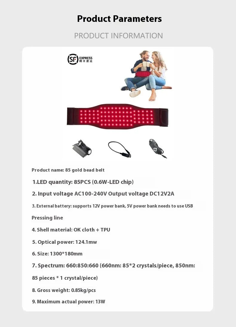 Black red light infrared therapy belt for waist pain relief with adjustable free-size design