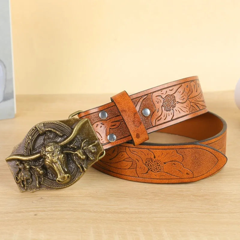 Men's black imitation leather belt with a detailed silver alloy cow head buckle and pin fastening.
