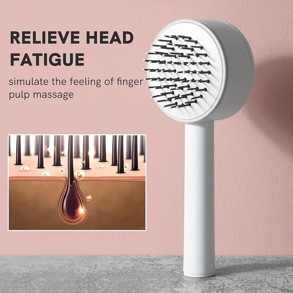 One-key self-cleaning hair brush with green airbag massage comb and non-slip handle on white background