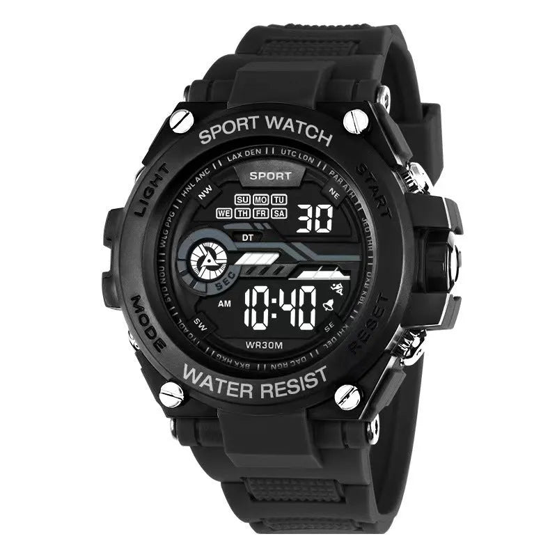 Digital electronic wristwatch with a colourful silicone strap on a wrist, showing the LED display.