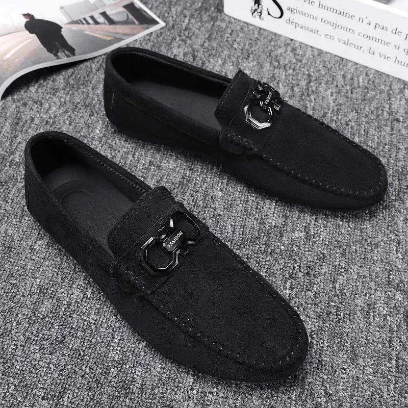 Men's black and grey suede leather casual shoes with rubber soles for summer wear