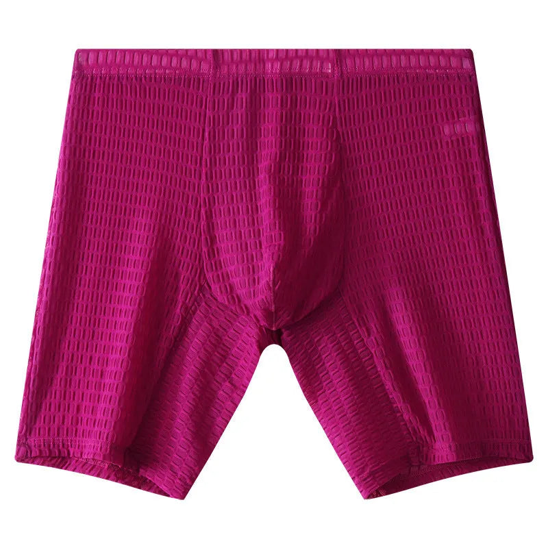 Men's white lace boxer shorts with a mid waist fit on a plain background.