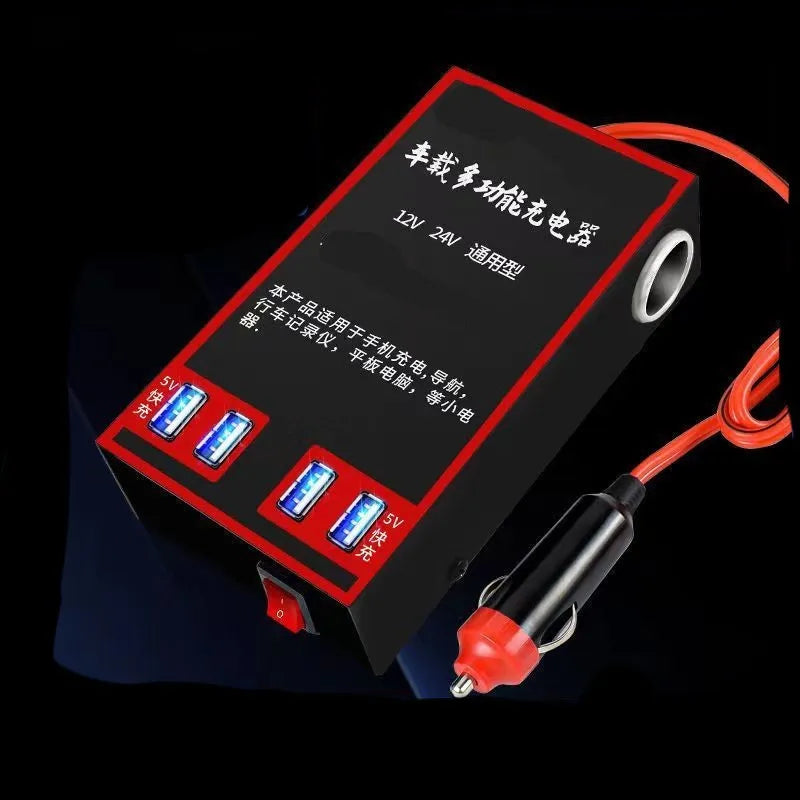 Black car power converter with 12v24v to 220v conversion and 4 USB charging ports