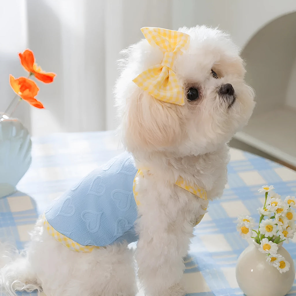 Small dog vest with heart texture and bow suspenders in blue, pink, or yellow with elastic sides