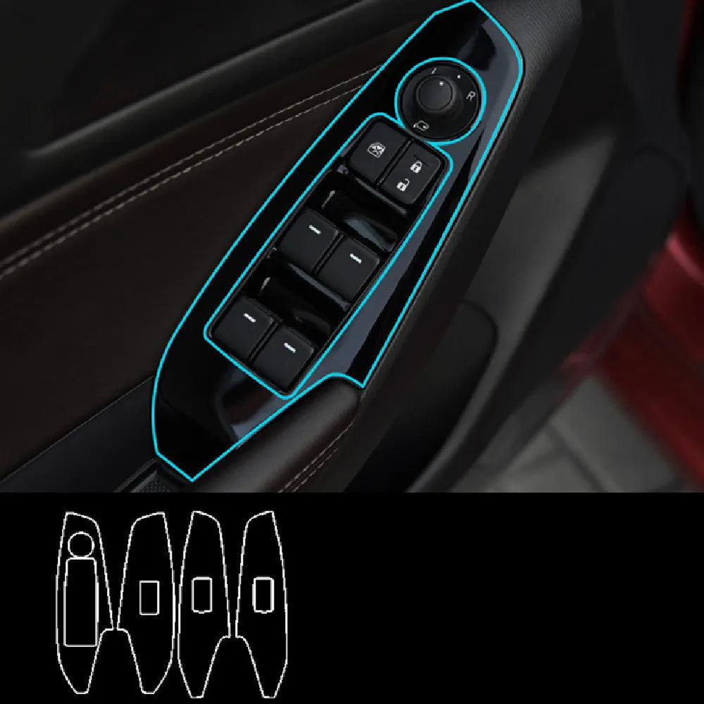 Four TPU protective films for car door control panels on a white background.