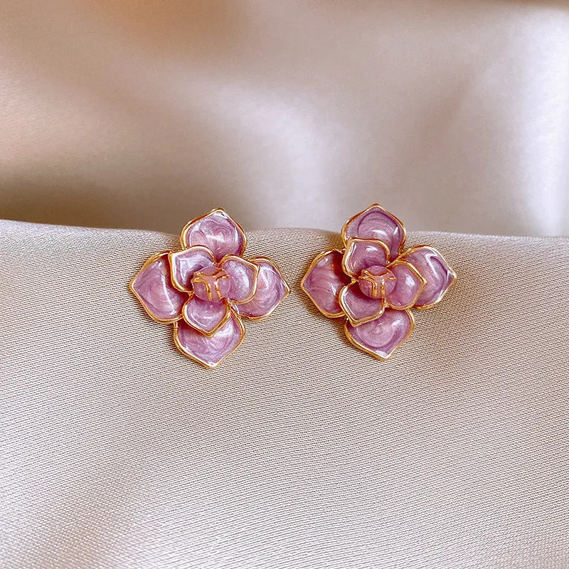 Gold-plated purple oil-spot glaze flower stud earrings with floral design on copper base