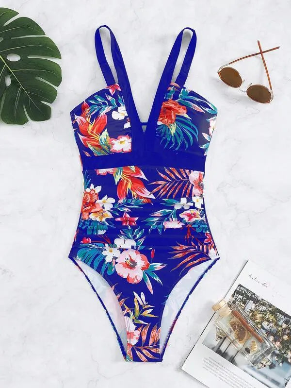 Women's floral backless one-piece swimsuit in multiple colours with high elasticity construction