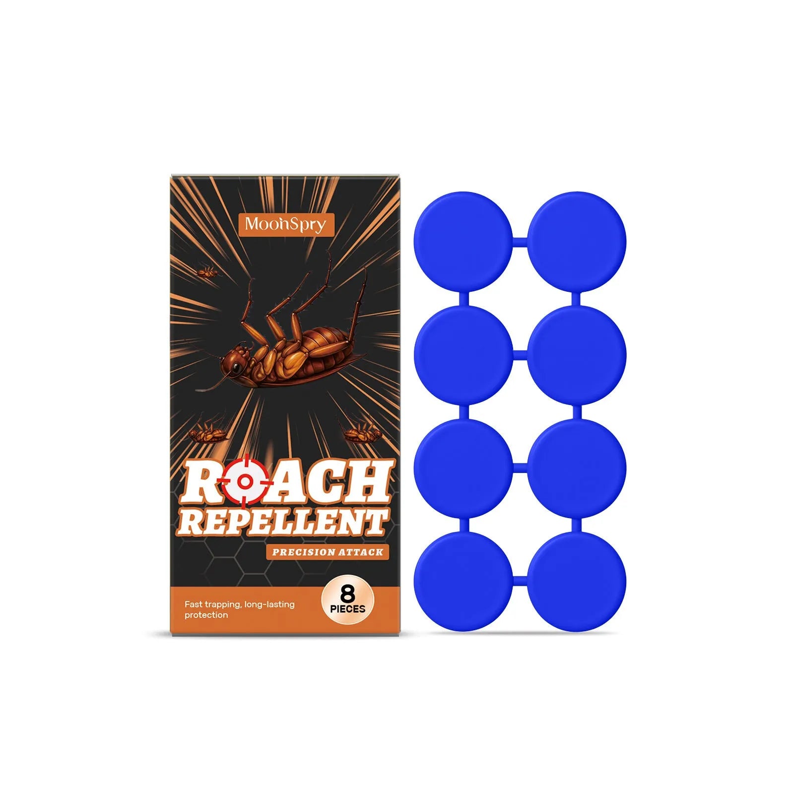 Eight cockroach killer bait station stickers with adhesive glue backing for indoor kitchen pest control