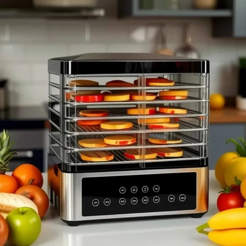 Silver stainless steel fruit dehydrator with 14L capacity and temperature control dial