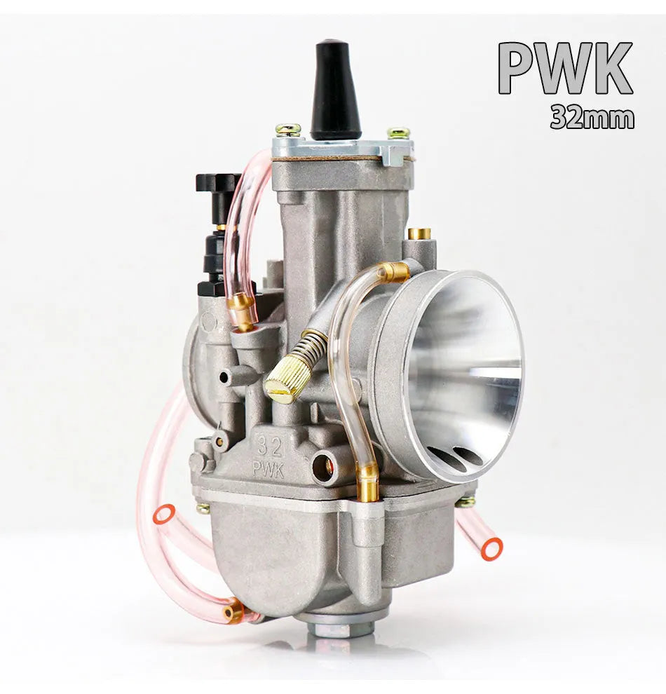 Motorcycle carburettor modification kit with sandblasted finish, showing size options from 21mm to 34mm bore.