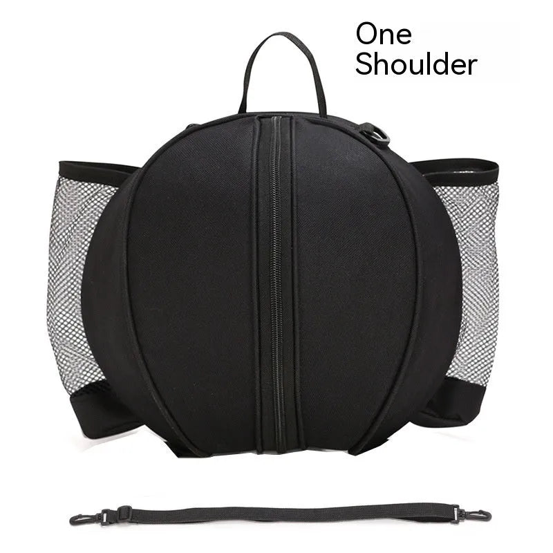 Black Oxford cloth basketball training bag with a single shoulder strap, shown next to a basketball.