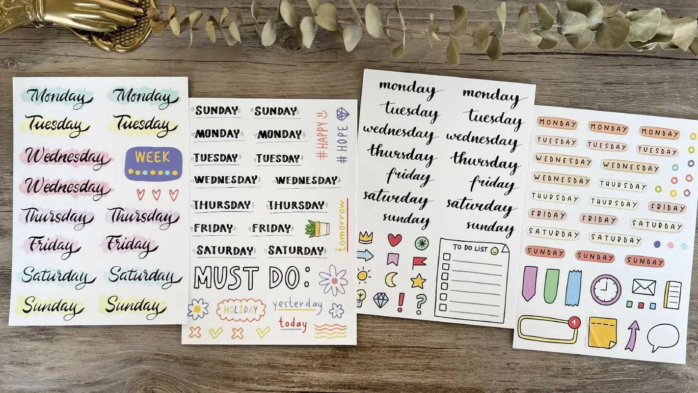 Set of printed vinyl decoration stickers showing English letters A, B, C, D, E and weekly words in a cute style.