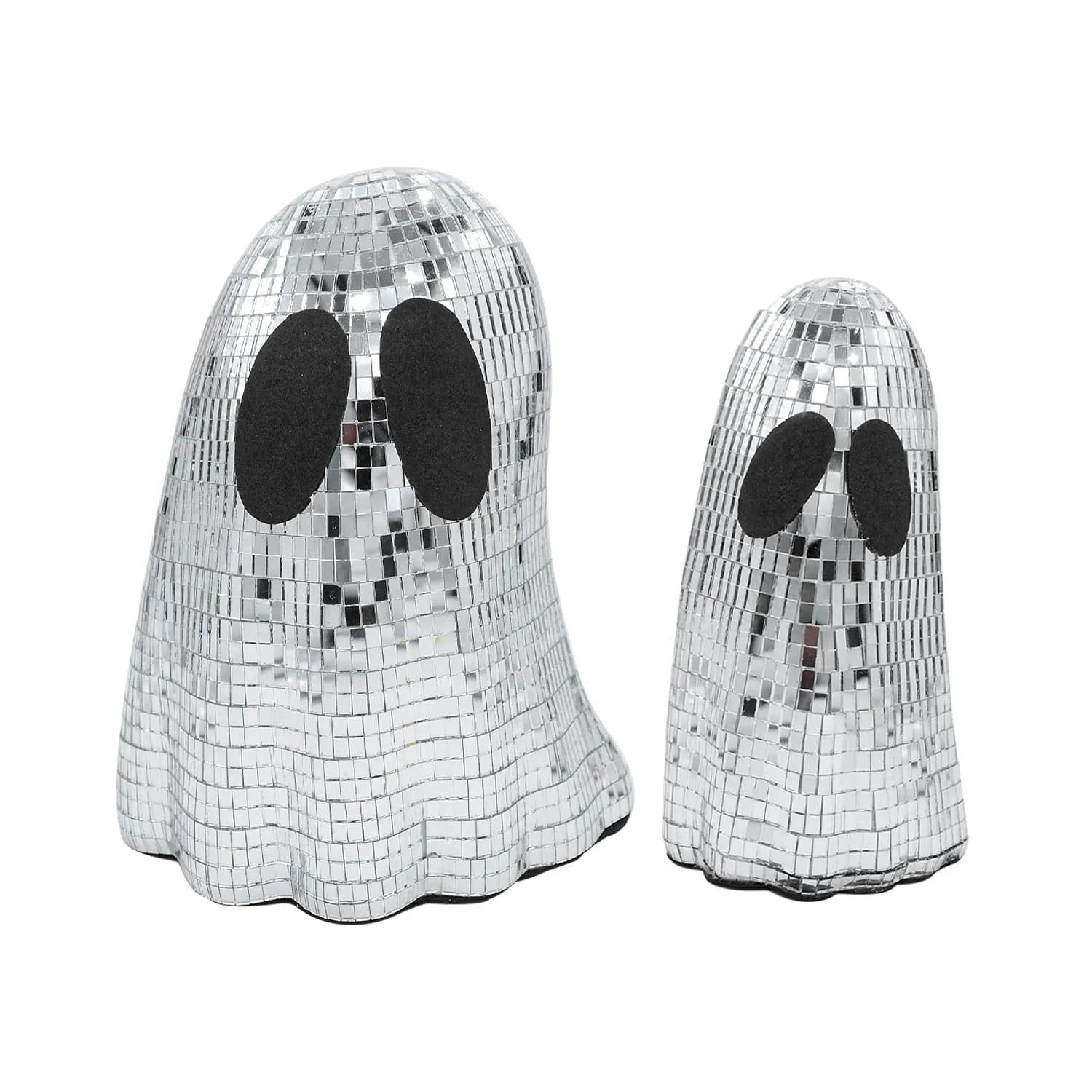 Silver Halloween ghost decoration with glass mosaic mirror patch design on dark surface