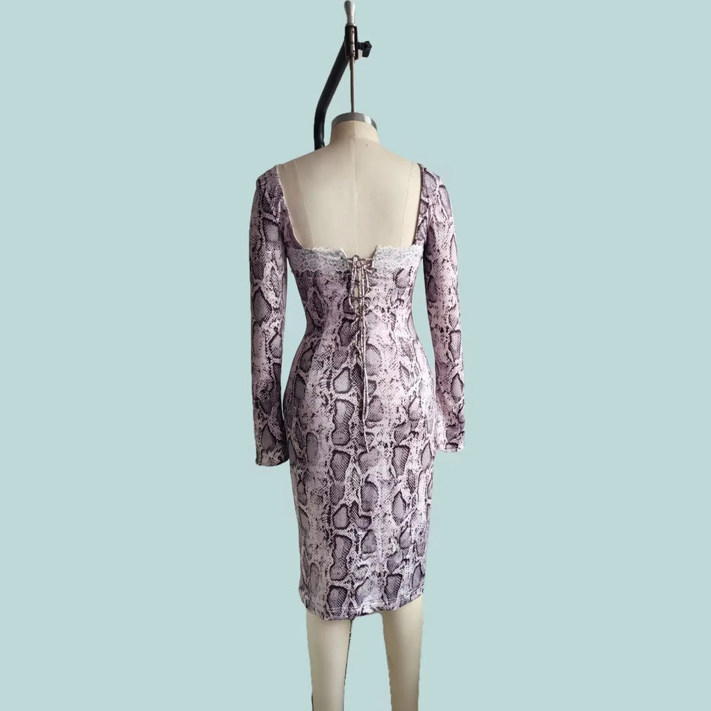 Grey slim-fit A-line dress with digital 3D print pattern and lace detailing, long sleeves.