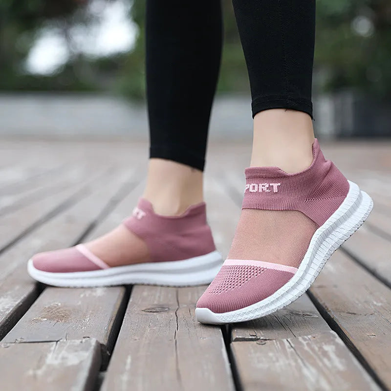 Breathable Flyknit sock shoes in khaki colour with lace-up front and low flat heel design.