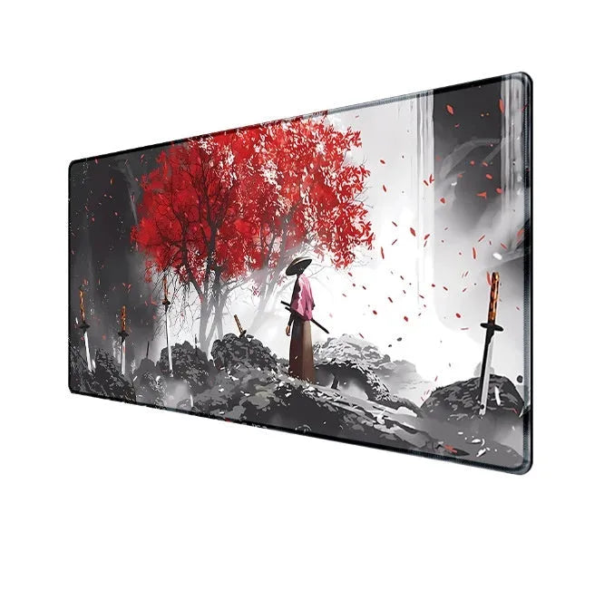 Japanese Samurai design gaming mouse pad on a desk, showing non-slip cloth base and thermal transfer print.