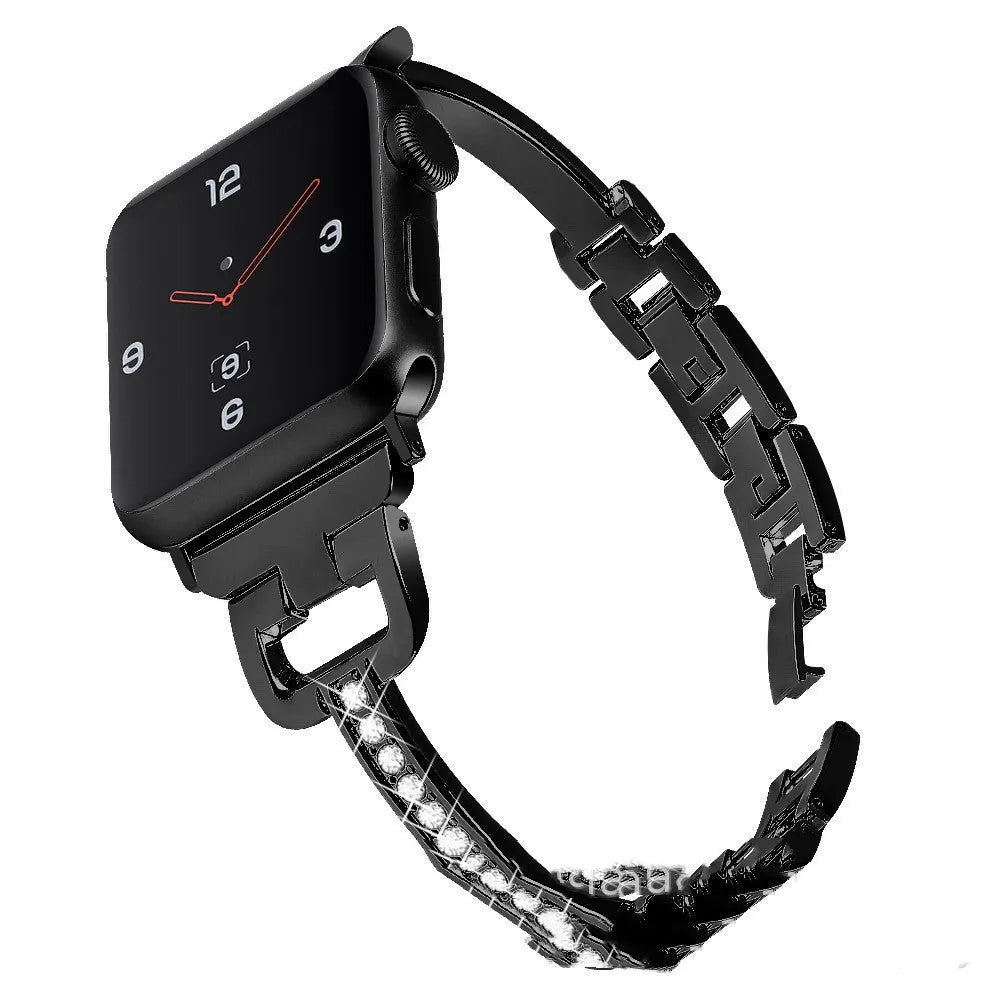 D-shaped metal diamond pattern strap for Apple Watch in silver, shown next to black and gold colour options.