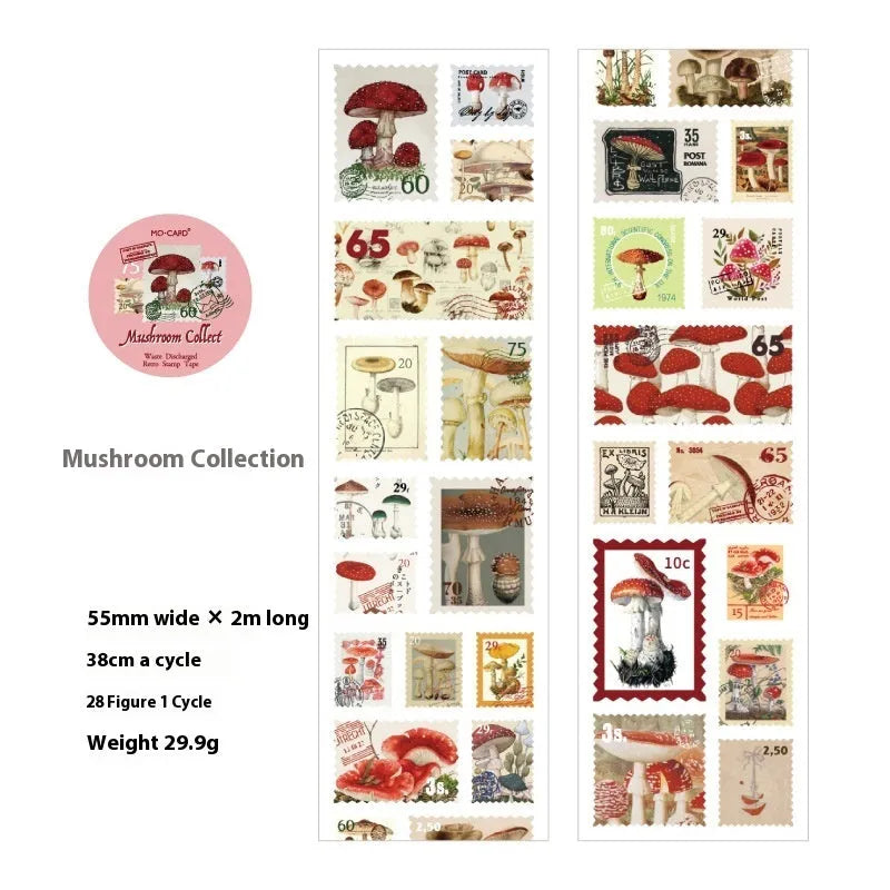 Roll of 55mm wide retro decorative stamp tape for journaling, showing one of four vintage design collections.