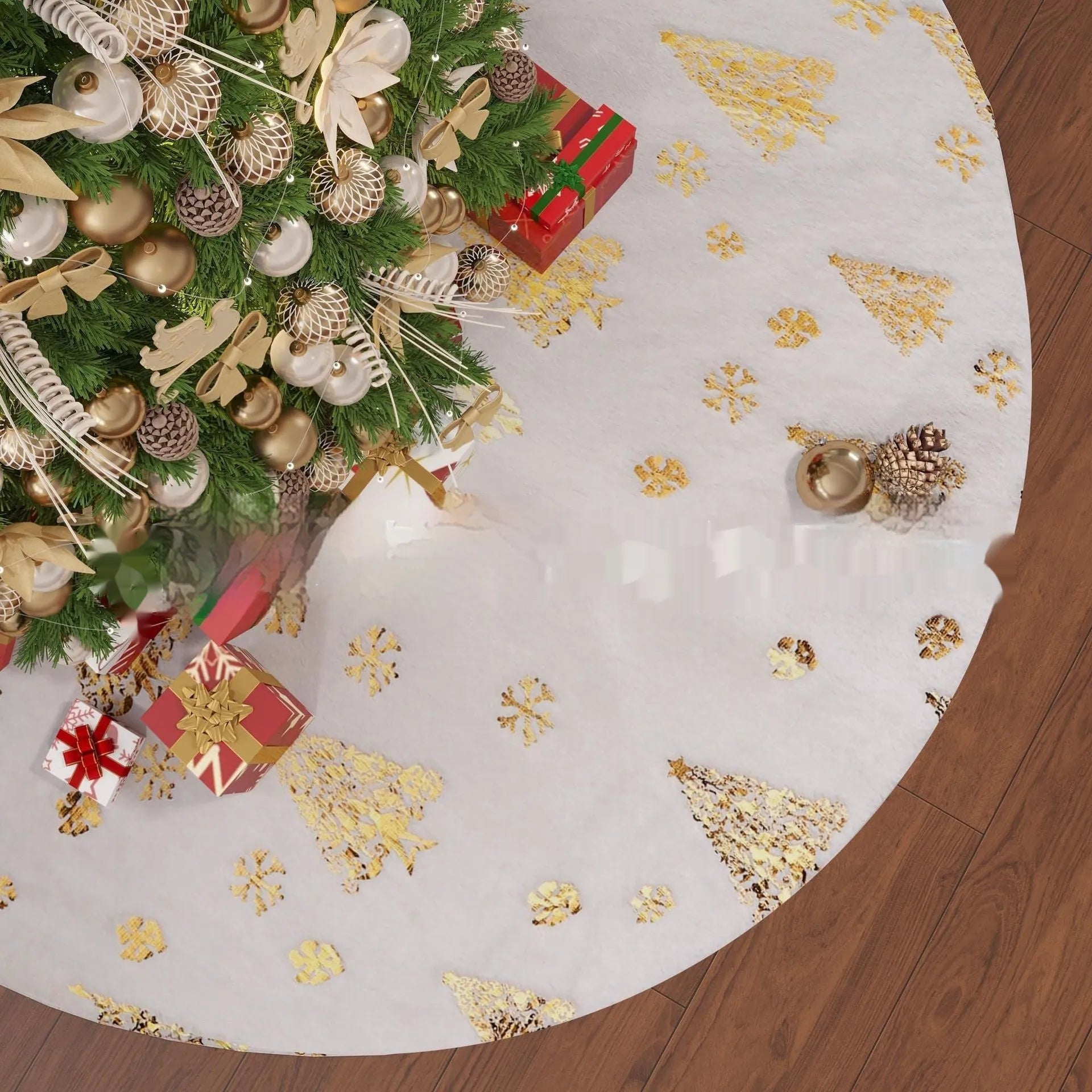 Plush red and green Christmas tree shaped rug with snowflake and star decorations on a wooden floor.