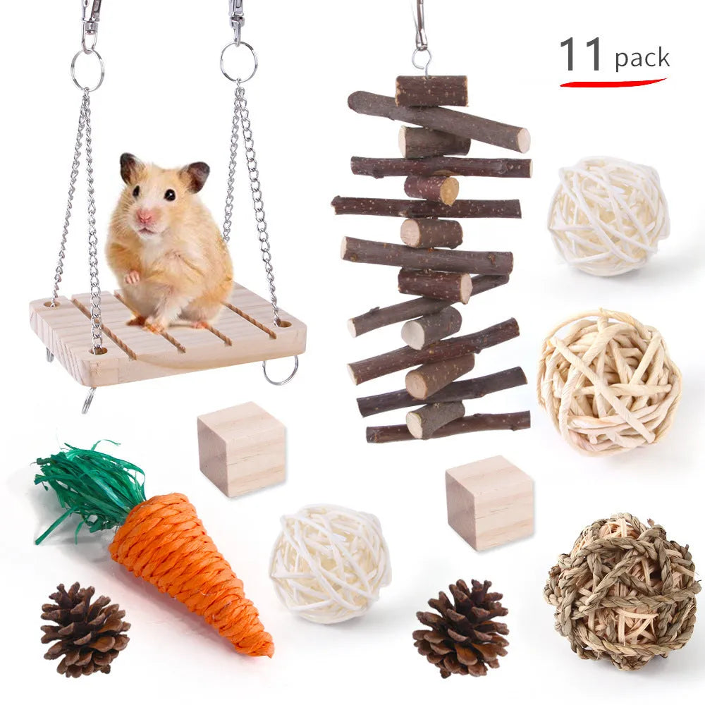 Wooden pet toy set with chewable pieces for rabbits, guinea pigs and parrots