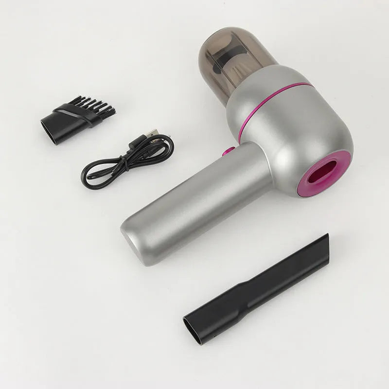 Grey handheld portable car vacuum cleaner and inflator with brush nozzle and extended nozzle