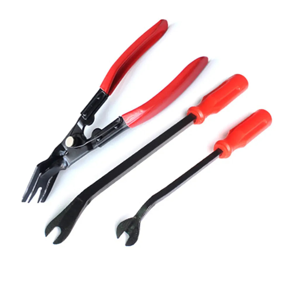 Red handle automotive door panel nailing tool for General Motors vehicles with steel construction