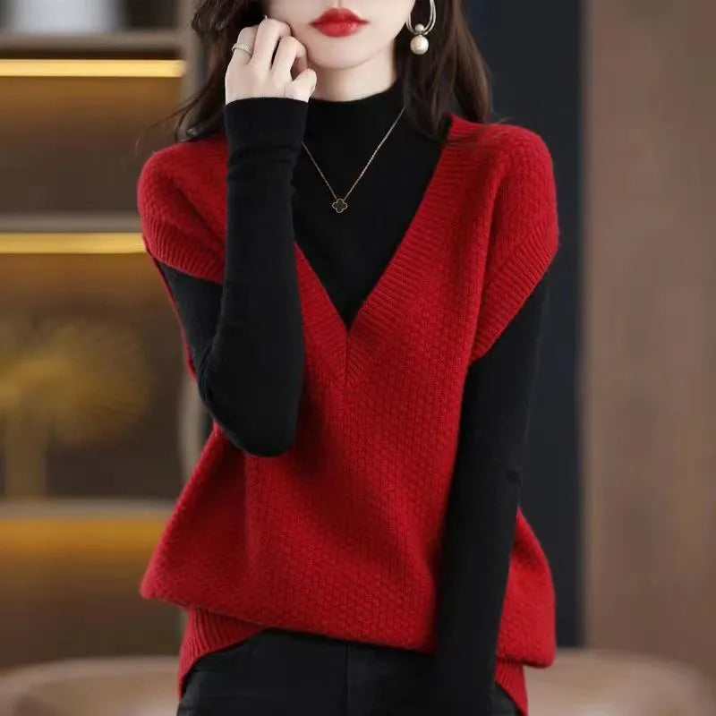 Women's creamy-white V-neck sleeveless vest with 3D knit pattern for commute wear