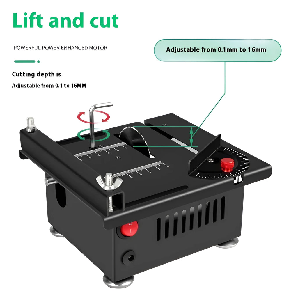 Lithium ion battery-powered metal desktop saw and angle grinder tool kit on a workbench.