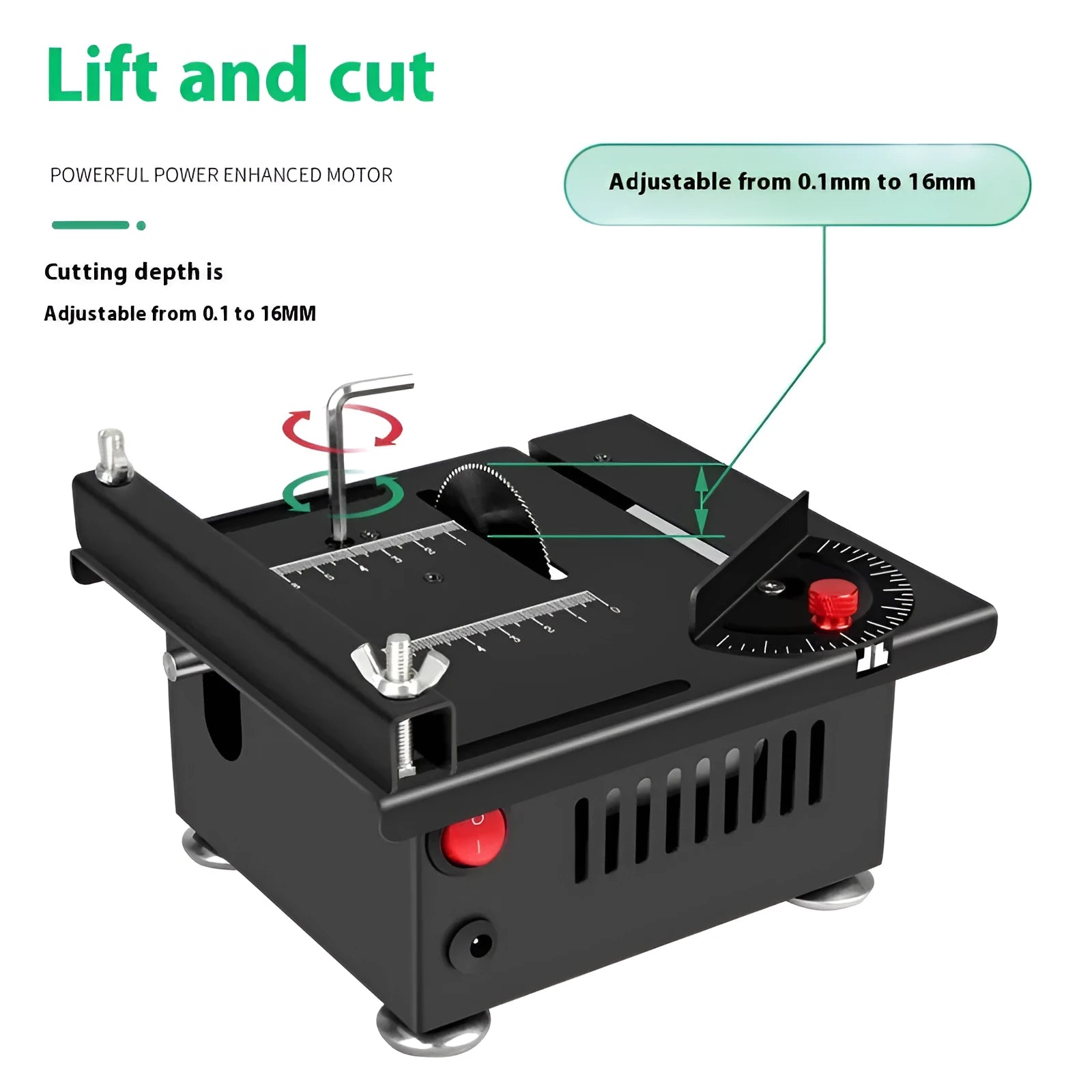 Lithium ion battery-powered metal desktop saw and angle grinder tool kit on a workbench.