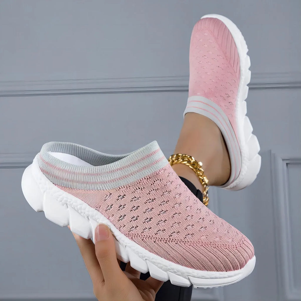 Women's striped Flyknit slipper shoes in black, pink, or purple with hollowed-out sewing line details